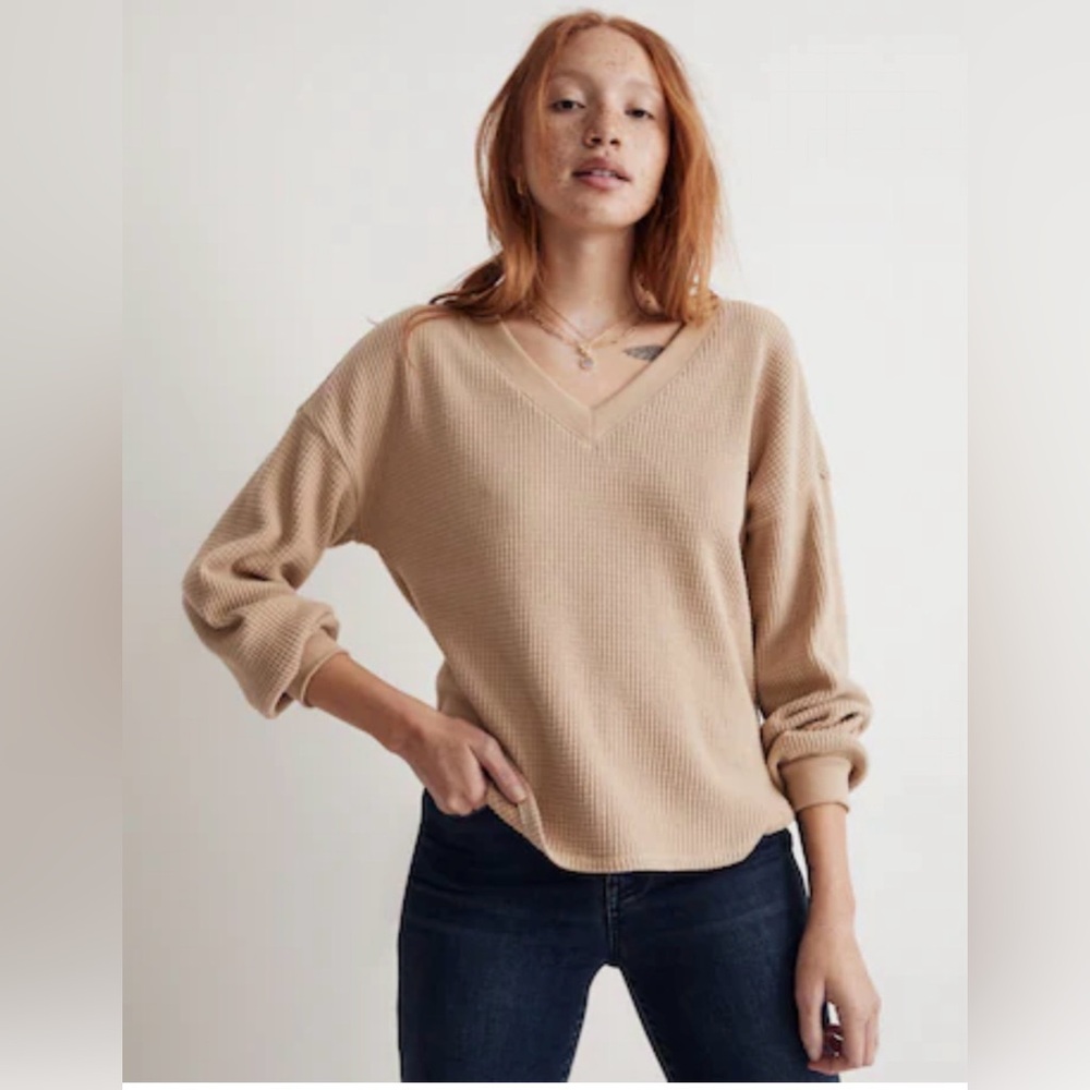 Madewell Waffle Knit V-Neck Long-Sleeve Sweater Large Toasted Sesame/ Tan